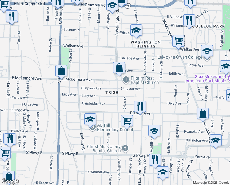map of restaurants, bars, coffee shops, grocery stores, and more near 1182 Willoughby Street in Memphis