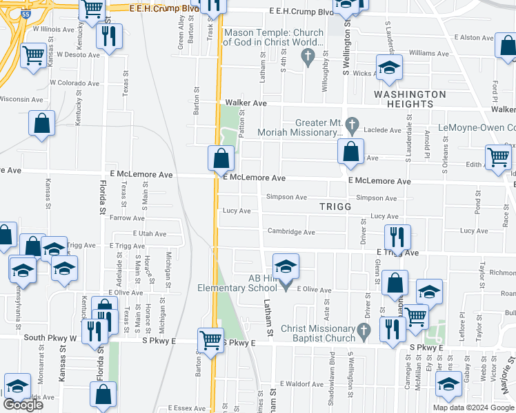 map of restaurants, bars, coffee shops, grocery stores, and more near 289 Simpson Avenue in Memphis