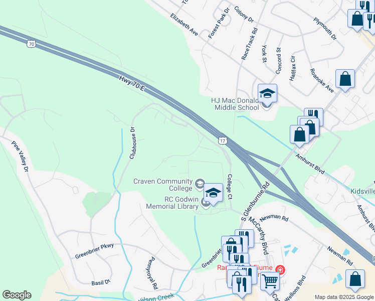 map of restaurants, bars, coffee shops, grocery stores, and more near 416 Innisbrook Lane in New Bern