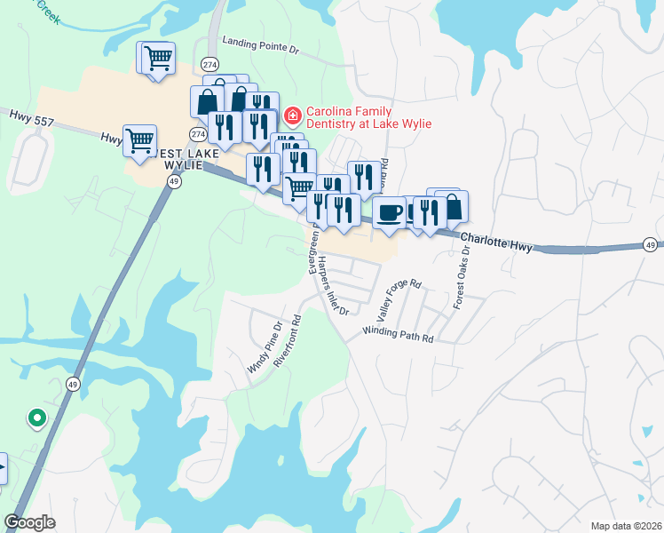 map of restaurants, bars, coffee shops, grocery stores, and more near 2175 Shady Pond Drive in Clover