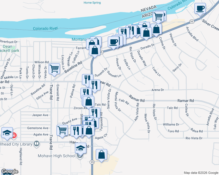 map of restaurants, bars, coffee shops, grocery stores, and more near 1525 Sierra Vista Drive in Bullhead City