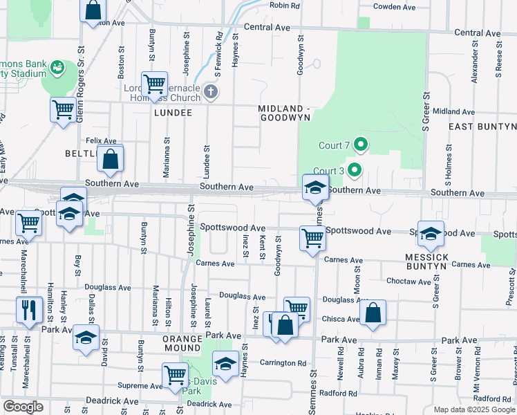 map of restaurants, bars, coffee shops, grocery stores, and more near 637 Kent Street in Memphis