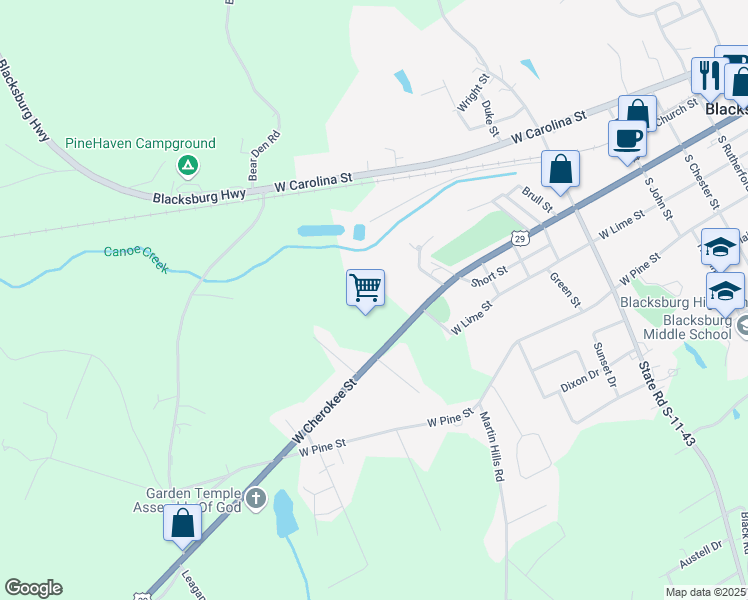 map of restaurants, bars, coffee shops, grocery stores, and more near 1130 West Cherokee Street in Blacksburg
