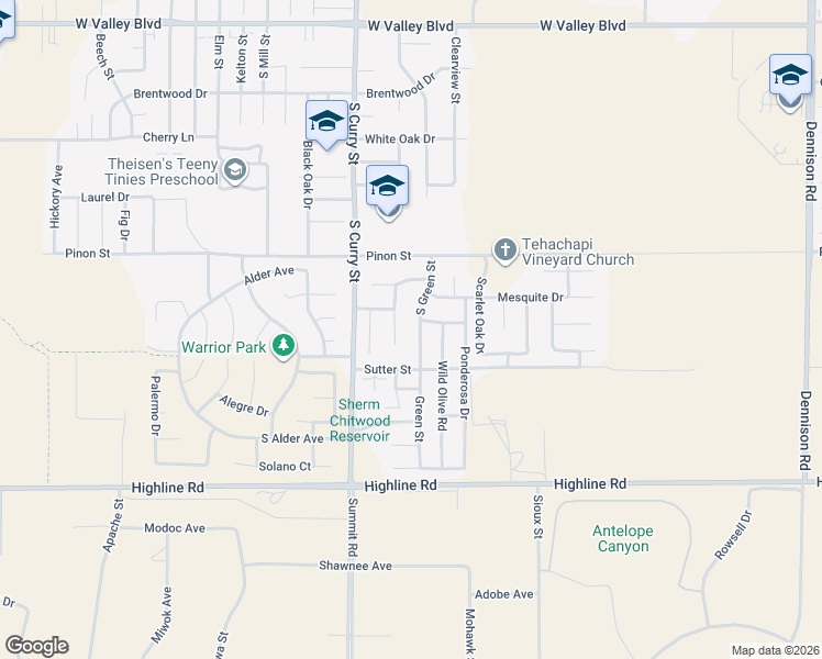 map of restaurants, bars, coffee shops, grocery stores, and more near 1315 South Green Street in Tehachapi