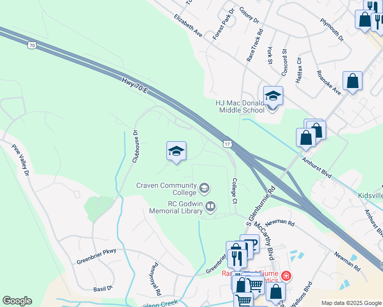 map of restaurants, bars, coffee shops, grocery stores, and more near 416 Innisbrook Lane in New Bern