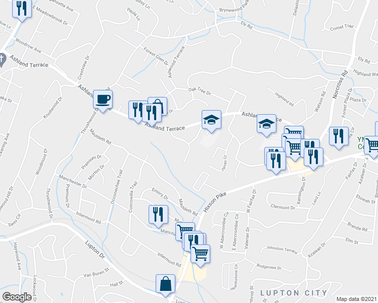 map of restaurants, bars, coffee shops, grocery stores, and more near 3629 Highland Terrace Drive in Chattanooga