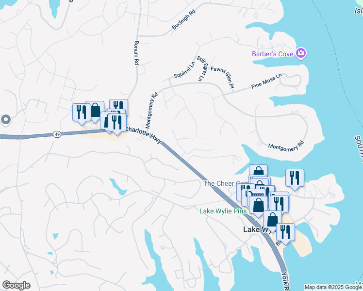 map of restaurants, bars, coffee shops, grocery stores, and more near 241 Dexter Road in Lake Wylie