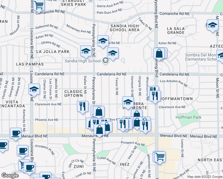 map of restaurants, bars, coffee shops, grocery stores, and more near 2905 Texas Street Northeast in Albuquerque