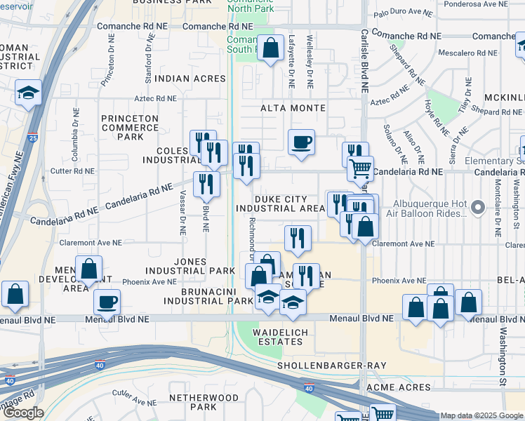map of restaurants, bars, coffee shops, grocery stores, and more near 2915 Richmond Drive Northeast in Albuquerque