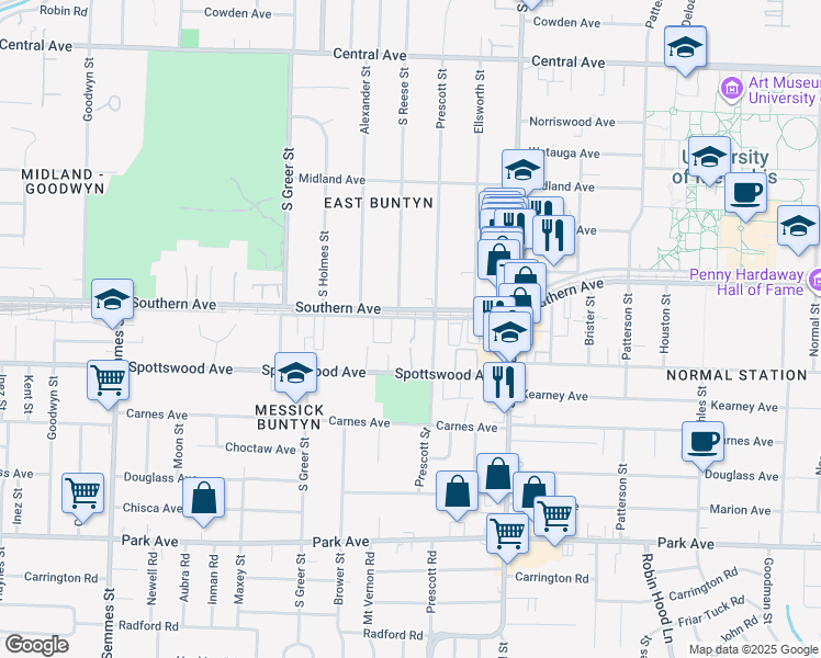 map of restaurants, bars, coffee shops, grocery stores, and more near 3375 Southern Avenue in Memphis
