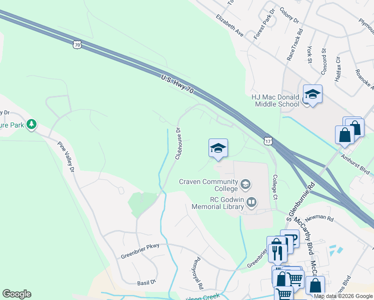 map of restaurants, bars, coffee shops, grocery stores, and more near 6015-6099 Clubhouse Drive in New Bern