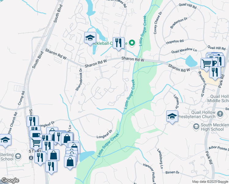 map of restaurants, bars, coffee shops, grocery stores, and more near 8350 Knights Bridge Road in Charlotte