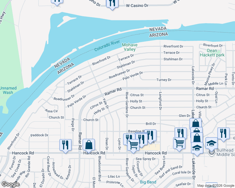 map of restaurants, bars, coffee shops, grocery stores, and more near 665 Ramar Road in Bullhead City