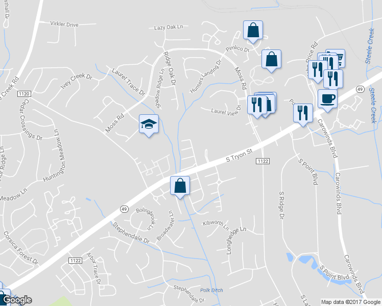 map of restaurants, bars, coffee shops, grocery stores, and more near 10942 Garden Oaks Lane in Charlotte