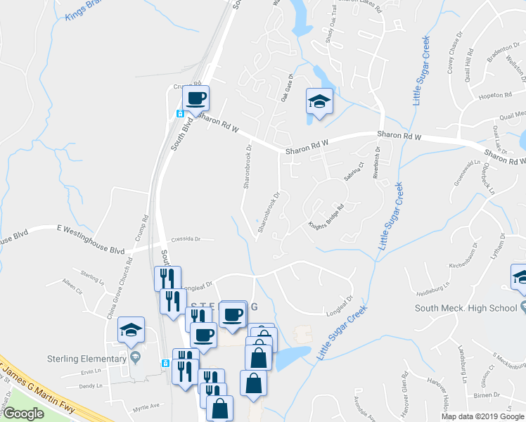 map of restaurants, bars, coffee shops, grocery stores, and more near 8945 Sharonbrook Drive in Charlotte