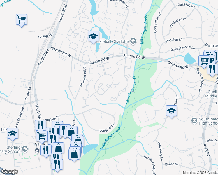 map of restaurants, bars, coffee shops, grocery stores, and more near 8292 Knights Bridge Road in Charlotte