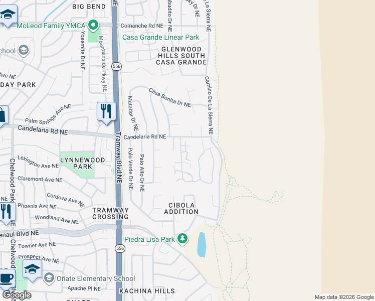 map of restaurants, bars, coffee shops, grocery stores, and more near 2935 Vista Del Rey Northeast in Albuquerque