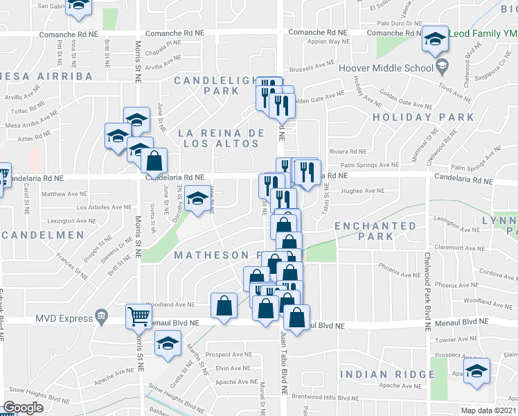 map of restaurants, bars, coffee shops, grocery stores, and more near 2901 Juan Tabo Boulevard Northeast in Albuquerque