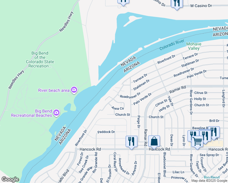 map of restaurants, bars, coffee shops, grocery stores, and more near 441 Riverfront Drive in Bullhead City