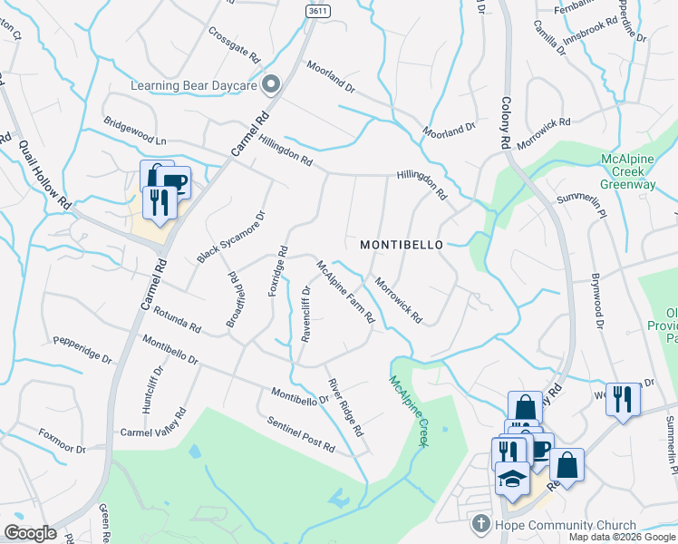 map of restaurants, bars, coffee shops, grocery stores, and more near 3150 Ingelow Lane in Charlotte
