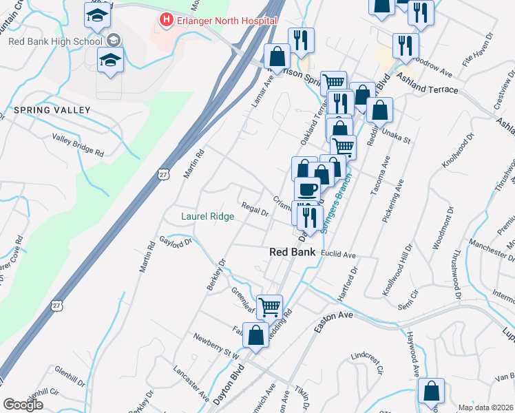 map of restaurants, bars, coffee shops, grocery stores, and more near 3520 Berkley Drive in Chattanooga