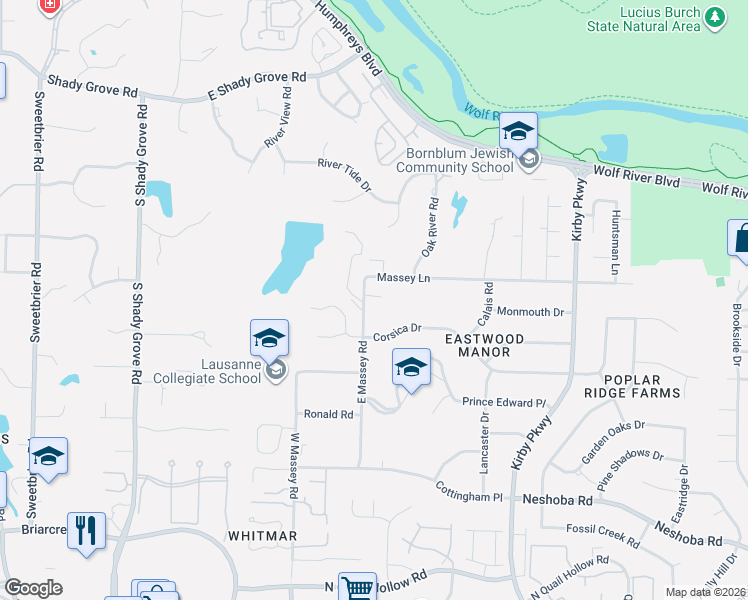 map of restaurants, bars, coffee shops, grocery stores, and more near 6445 Massey Lane in Memphis
