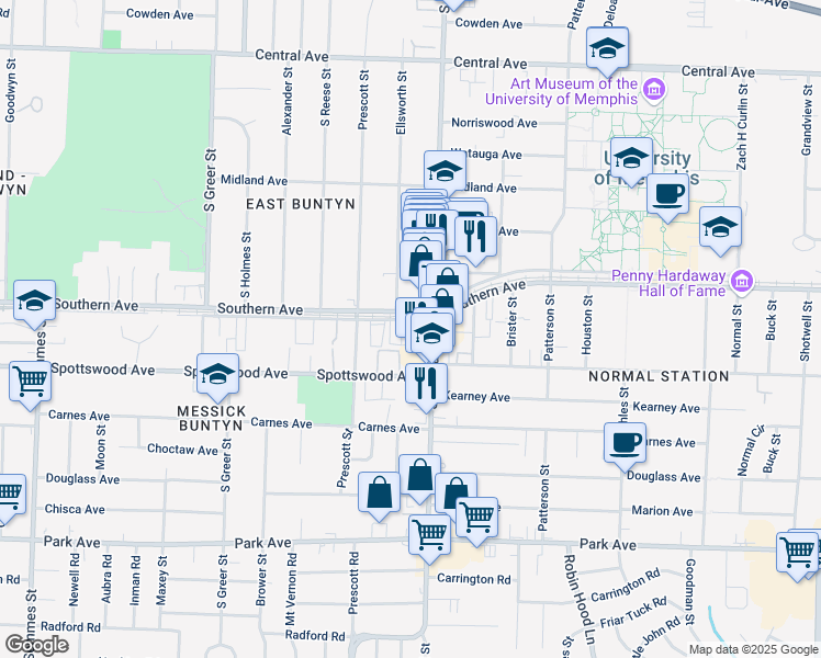 map of restaurants, bars, coffee shops, grocery stores, and more near 604 South Highland Street in Memphis