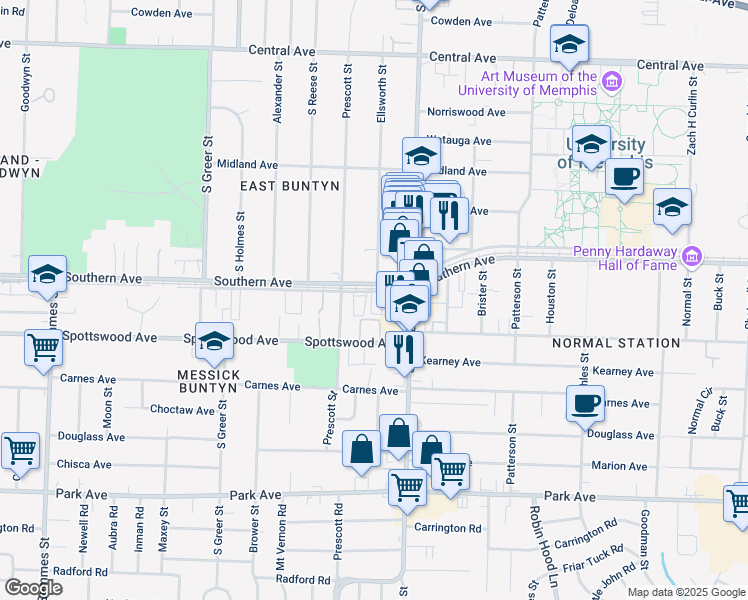 map of restaurants, bars, coffee shops, grocery stores, and more near 3447 Southern Avenue in Memphis