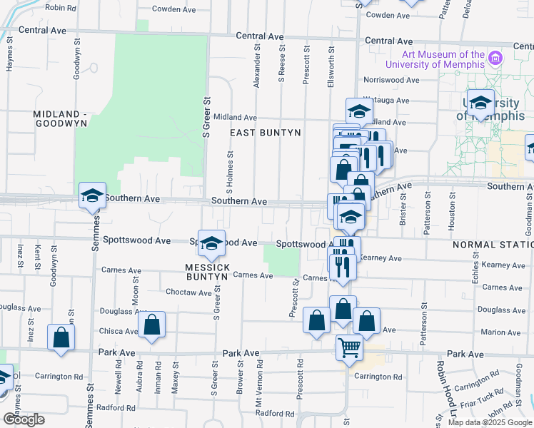 map of restaurants, bars, coffee shops, grocery stores, and more near in Memphis