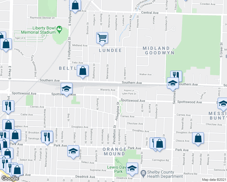 map of restaurants, bars, coffee shops, grocery stores, and more near 637 Pendleton Street in Memphis
