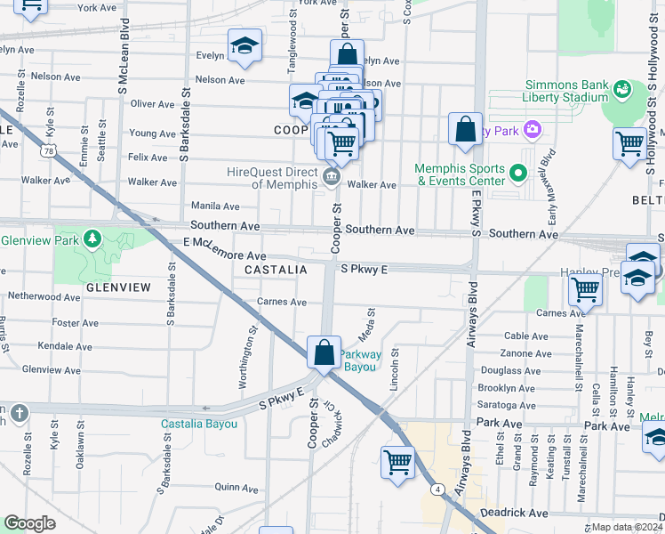 map of restaurants, bars, coffee shops, grocery stores, and more near 2140 South Parkway East in Memphis