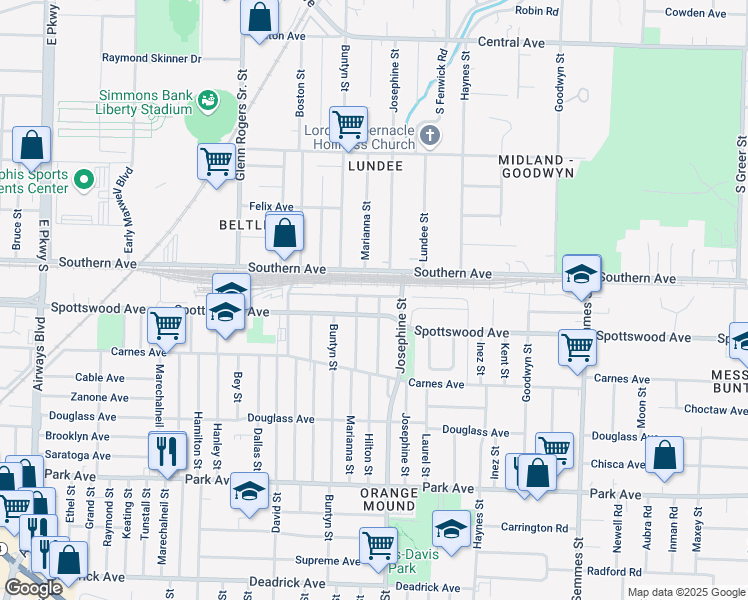 map of restaurants, bars, coffee shops, grocery stores, and more near 637 Pendleton Street in Memphis