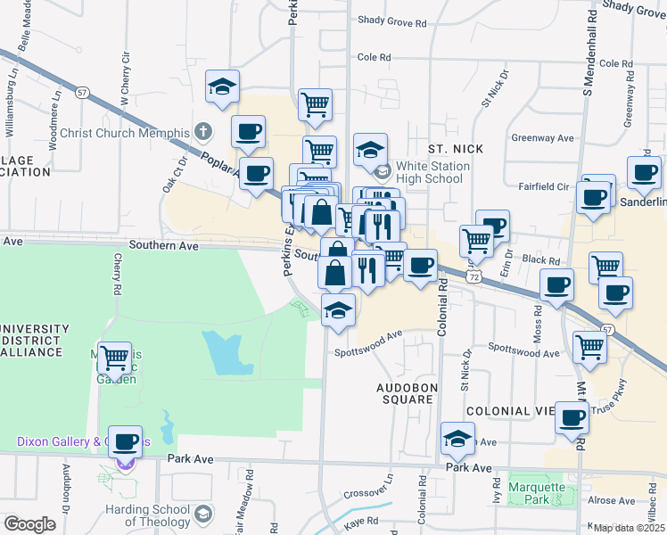 map of restaurants, bars, coffee shops, grocery stores, and more near 600 South Perkins Road in Memphis