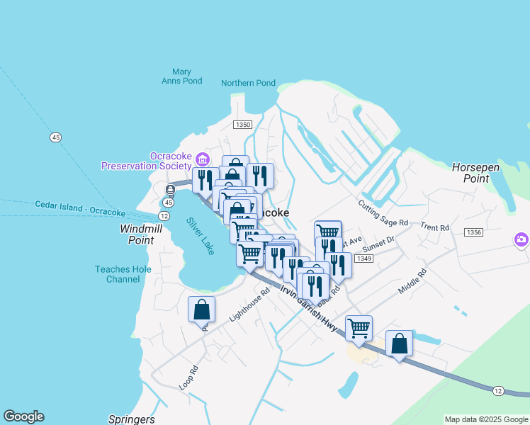map of restaurants, bars, coffee shops, grocery stores, and more near in Ocracoke