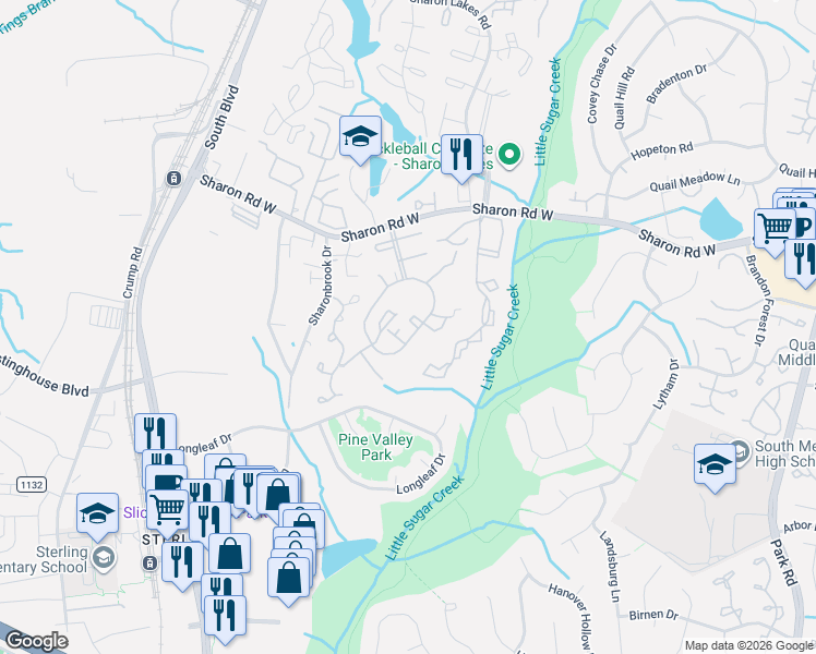 map of restaurants, bars, coffee shops, grocery stores, and more near 8361 Knights Bridge Road in Charlotte