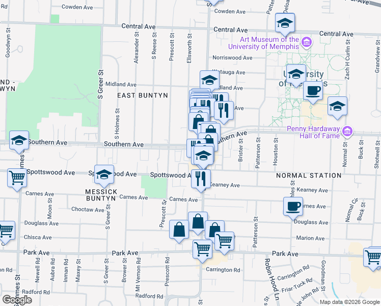 map of restaurants, bars, coffee shops, grocery stores, and more near 3459 Southern Avenue in Memphis