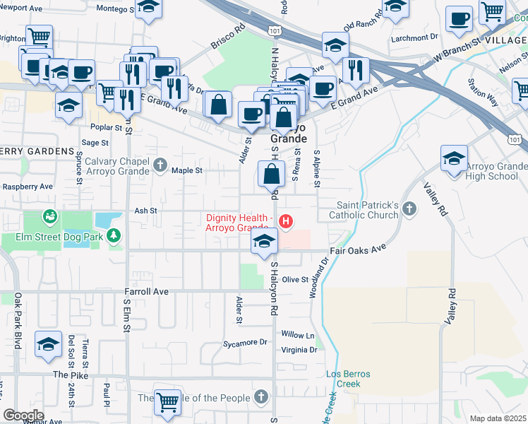 map of restaurants, bars, coffee shops, grocery stores, and more near 280 South Halcyon Road in Arroyo Grande
