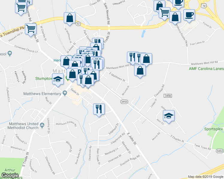 map of restaurants, bars, coffee shops, grocery stores, and more near 314 Doug Drive in Matthews
