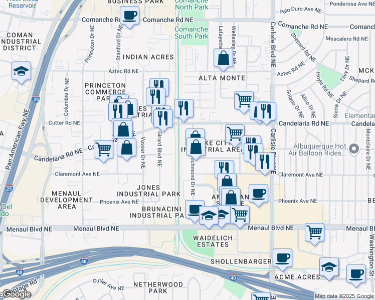map of restaurants, bars, coffee shops, grocery stores, and more near 2915 Richmond Drive Northeast in Albuquerque