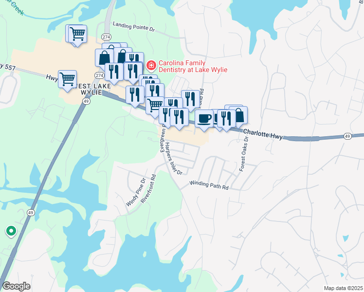 map of restaurants, bars, coffee shops, grocery stores, and more near 2138 Shady Pond Drive in Clover