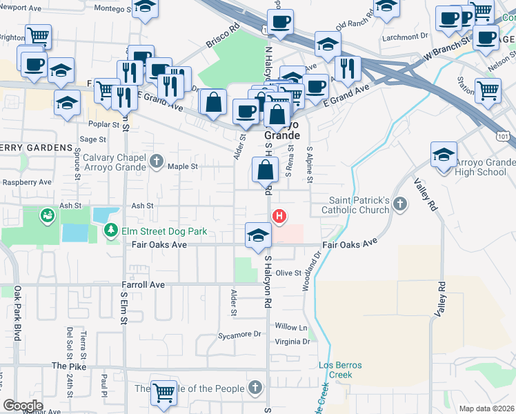 map of restaurants, bars, coffee shops, grocery stores, and more near 310 South Halcyon Road in Arroyo Grande