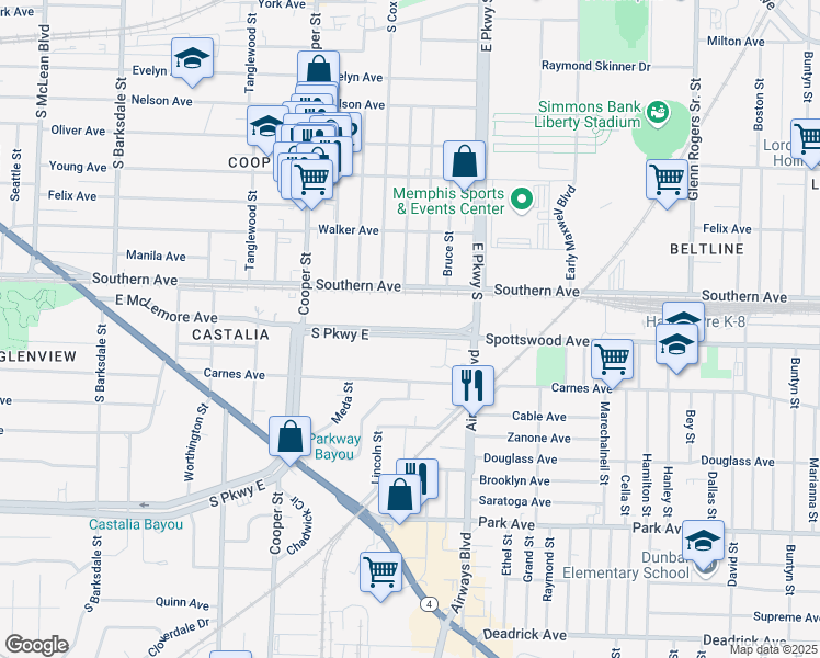 map of restaurants, bars, coffee shops, grocery stores, and more near 2270 South Parkway East in Memphis