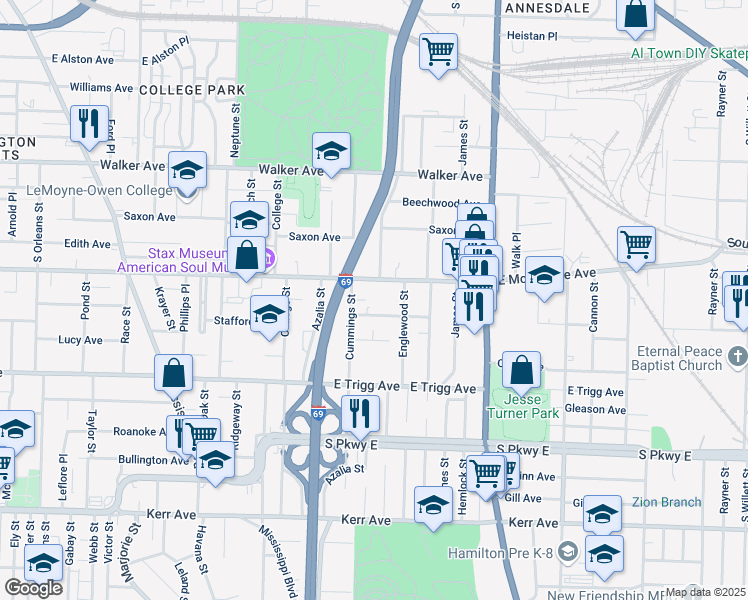 map of restaurants, bars, coffee shops, grocery stores, and more near 1184 Cummings Street in Memphis