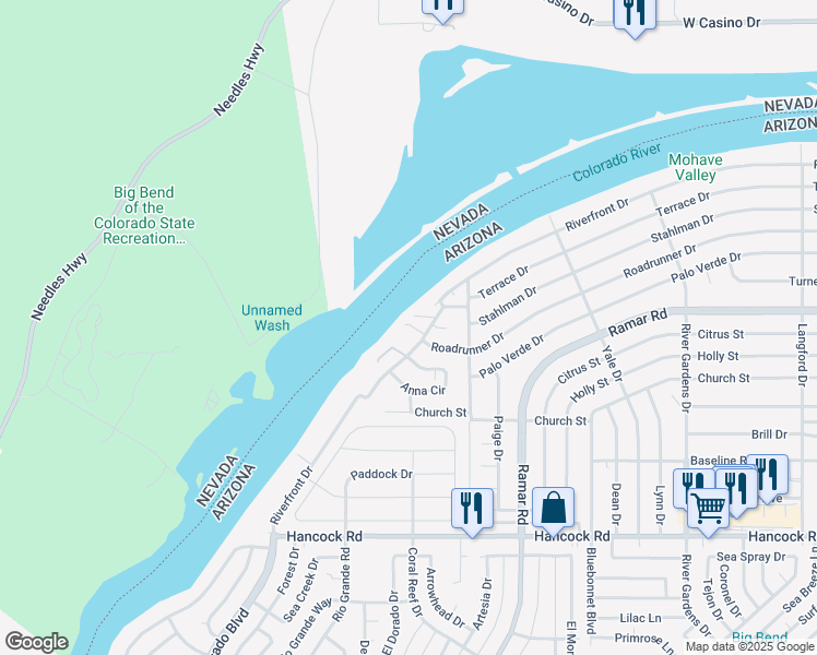 map of restaurants, bars, coffee shops, grocery stores, and more near 441 Riverfront Drive in Bullhead City