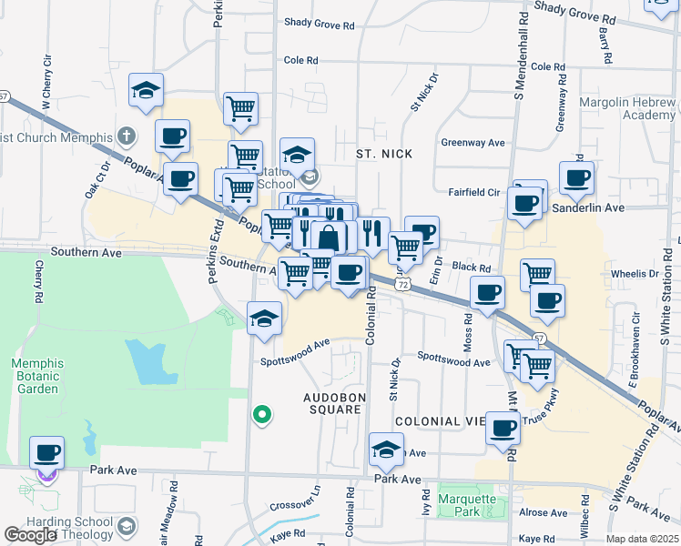 map of restaurants, bars, coffee shops, grocery stores, and more near 4741 Poplar Avenue in Memphis