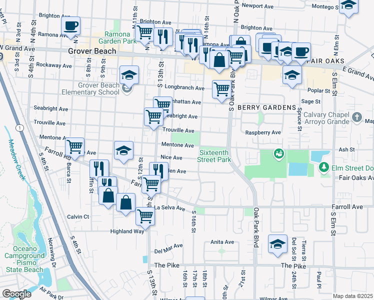 map of restaurants, bars, coffee shops, grocery stores, and more near 1508 Mentone Avenue in Grover Beach