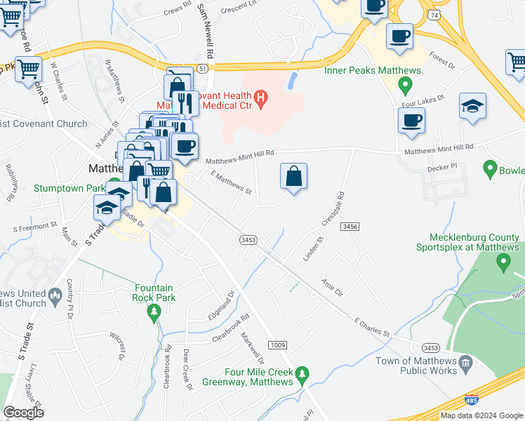 map of restaurants, bars, coffee shops, grocery stores, and more near 608 East Matthews Street in Matthews