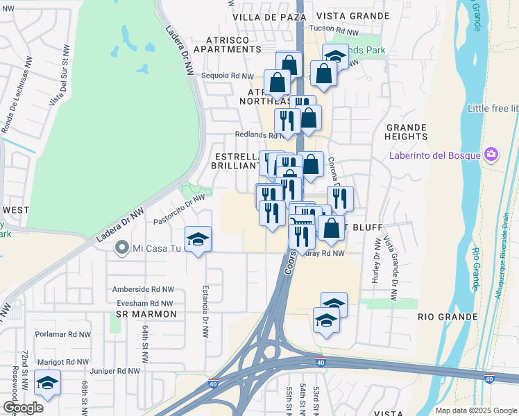 map of restaurants, bars, coffee shops, grocery stores, and more near 5700 Quail Road Northwest in Albuquerque