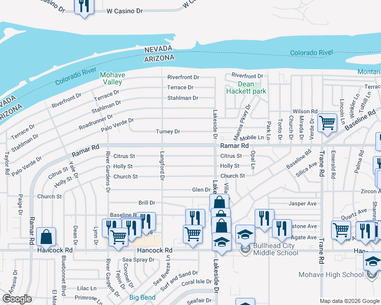 map of restaurants, bars, coffee shops, grocery stores, and more near 946 Ramar Road in Bullhead City