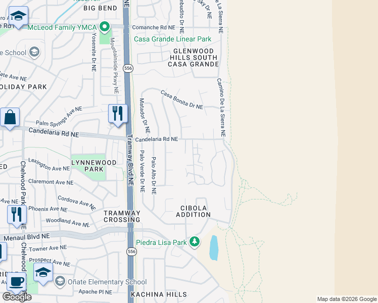 map of restaurants, bars, coffee shops, grocery stores, and more near 2920 Candelita Court Northeast in Albuquerque
